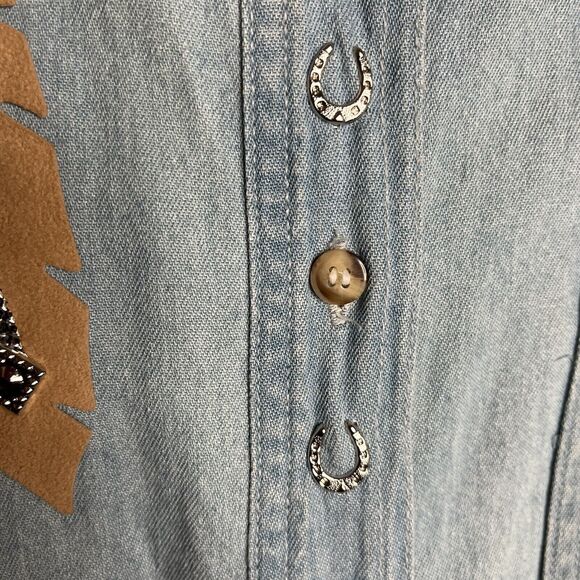 VTG Tillman Blue Denim Suede Fringed Horseshoe Western Shirt - Picture 13 of 14